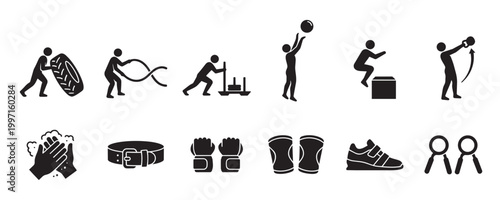 A collection of black silhouette icons depicts various fitness activities and equipment, including tire flips, battle ropes, sled pushes, ball throws, box jumps, kettlebell swings, hand washing.