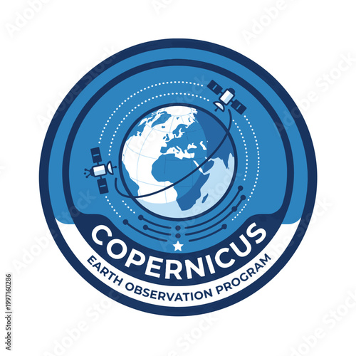A circular emblem for the Copernicus Earth Observation Program, featuring Earth, satellites, and orbital paths.