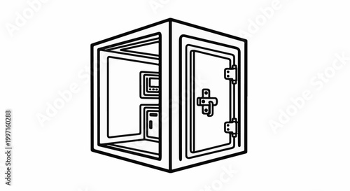 A simple black and white line drawing of an open safe with a keypad and latch