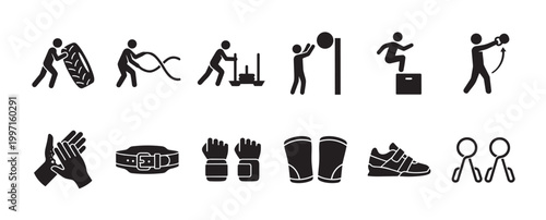 A collection of black fitness icons depicting various workout exercises and equipment, useful for illustrating health and wellness concepts.