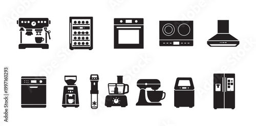 A collection of black and white vector icons representing various kitchen appliances, including a coffee machine, wine cooler, oven, stovetop, range hood, dishwasher, grinder, immersion blender.
