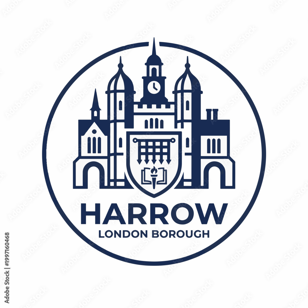 Fototapeta premium Emblematic logo featuring a detailed illustration of a castle-like building with a clock tower, centered within a circle, alongside the text HARROW LONDON BOROUGH.