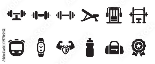 Collection of black vector icons representing gym equipment, sports accessories, and fitness achievements on a white background, ideal for health and wellness concepts.