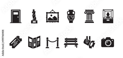 A collection of black silhouette icons represents various museum elements like a door, statue, framed art, vase, column, display case, ticket, brochure, velvet rope, bench, spotlight, and camera.
