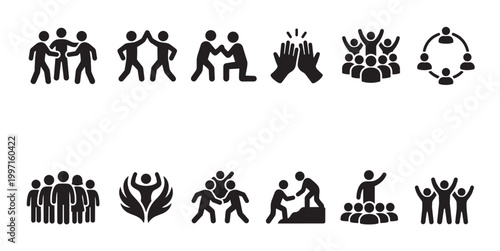 Collection of diverse teamwork icons showing collaboration, success, and unity with various group interactions and celebrations against a white background.