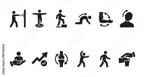 A collection of black silhouette icons depicting various human body exercises and health concepts, useful for fitness, medical, and wellness themes.