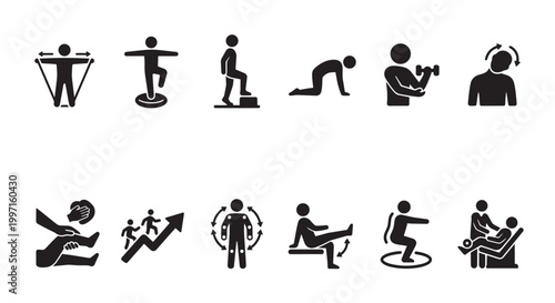 A collection of black and white pictogram icons illustrating various fitness, exercise, and rehabilitation activities for health and wellness.