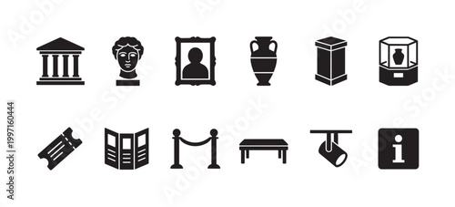 A graphic collection of black icons representing museum elements like buildings, art, artifacts, and visitor information, ideal for web or print.