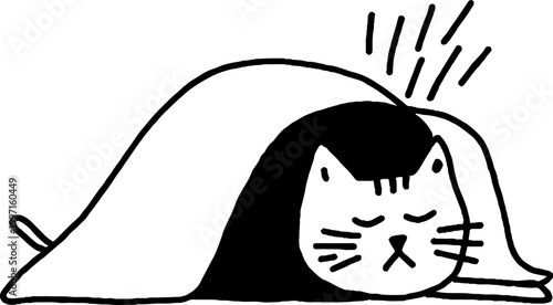 Cat tucked under blanket lying on surface with motion marks