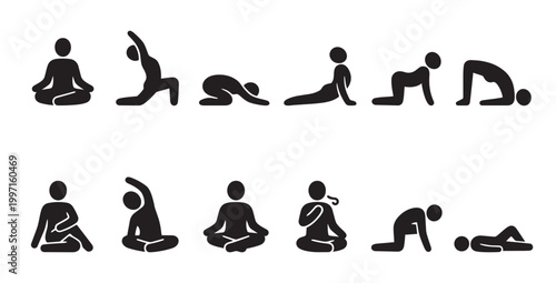 A collection of black stick figure icons demonstrating various yoga poses against a white background, ideal for health and wellness themes.