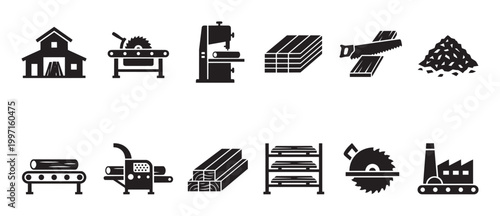 A collection of black and white vector icons representing various elements of the wood industry, including sawmills, machinery, lumber, and factory buildings.