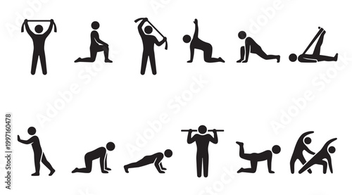 A collection of black silhouette icon graphics depicting various fitness and exercise poses against a clean white background for easy use.