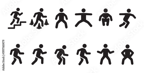 Collection of black pictograms of human figures in various poses and actions, isolated on a white background, useful for illustrating concepts.