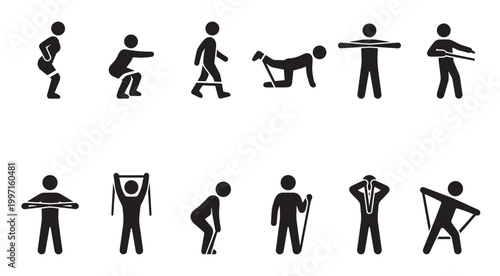 A collection of black and white silhouette icons depicts various exercises and fitness activities for physical training and wellness.