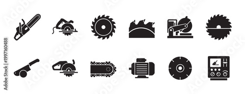 A collection of black silhouette icons representing various power tools including a chainsaw, circular saw, saw blade, motor, and control panel.