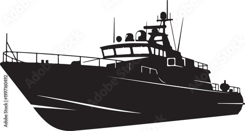 Black boat silhouette, vector ship icon, nautical graphic, marine vessel