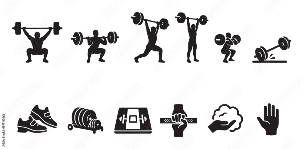 Obraz premium Collection of black silhouette icons depicting various weightlifting exercises, gym equipment, and fitness-related items on a white background for a clean, modern look.