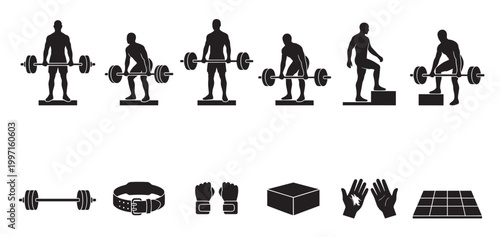 A collection of black silhouette icons depicting a man performing various weightlifting exercises and gym accessories like barbells, belts, gloves, and mats.
