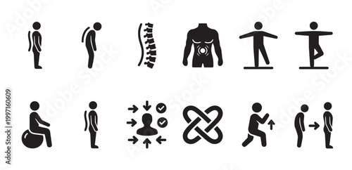 Collection of black and white pictogram icons illustrating human body posture, spine health, core strength, and physical therapy concepts against a white background.