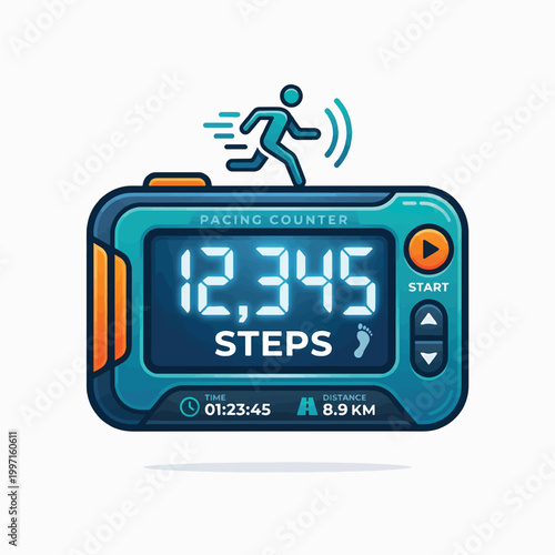 A pedometer displays 12,345 steps, time, and distance, with a runner icon on top, signifying an active lifestyle.