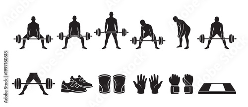 A collection of black silhouette icons depicting various stages of a deadlift exercise and essential weightlifting gear, ideal for fitness and sports design.
