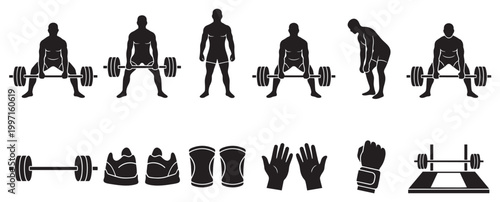A collection of black silhouette icons depicting weightlifting poses, barbells, shoes, knee sleeves, gloves, and a power rack for gym and fitness concepts.