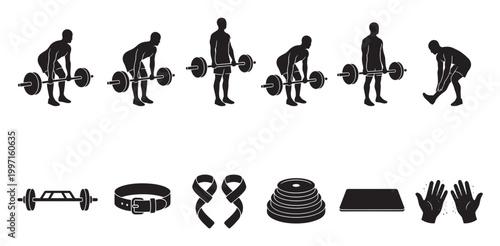 A graphic illustration in black silhouette style shows the progression of a deadlift exercise alongside various weightlifting accessories like barbells, weights, and a belt.