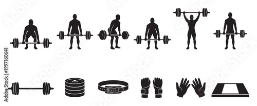 Collection of black silhouette icons depicting weightlifting exercises and equipment, perfect for fitness and sports-related projects.