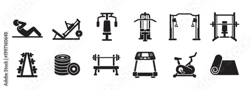 A collection of black silhouette icons depicting various gym equipment, including weight machines, free weights, a treadmill, and an exercise bike, on a white background.