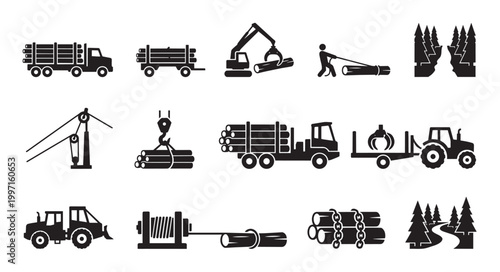 A set of black and white vector icons representing various stages of logging and timber transportation, including trucks, excavators, and forest scenes.