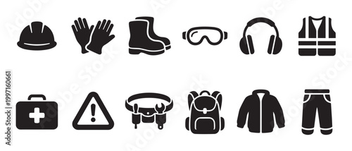 A collection of black safety and work gear icons arranged in two rows against a white background, symbolizing protection and preparedness.