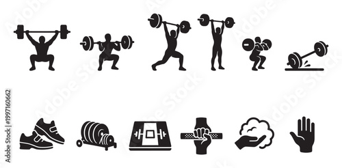 Collection of black silhouette icons depicting various weightlifting exercises, gym equipment, and fitness-related items on a white background for a clean, modern look.