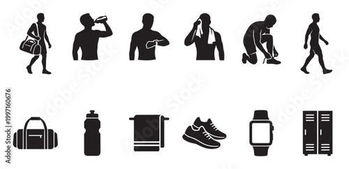 This black and white silhouette icon set showcases various fitness activities and equipment, representing a healthy lifestyle and gym routine.