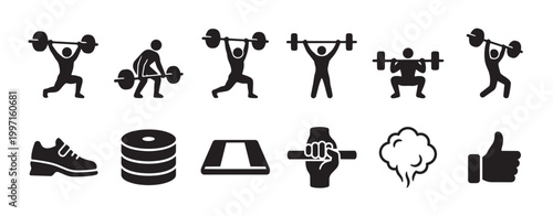 A clean black and white vector set of fitness icons including weightlifting, running shoe, weights, and a thumbs up, representing a healthy active lifestyle.