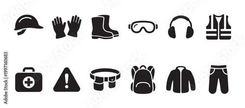 A collection of black vector icons representing essential safety and work gear, ideal for construction, industrial, or general safety themes.