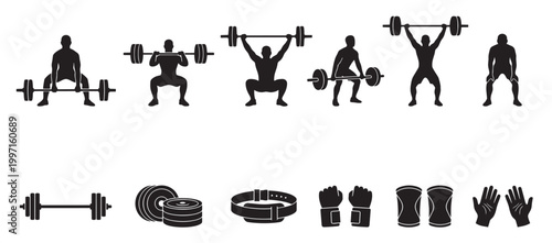 A collection of black silhouette icons showing a man performing various weightlifting exercises and fitness gear, ideal for sports or gym-related designs.