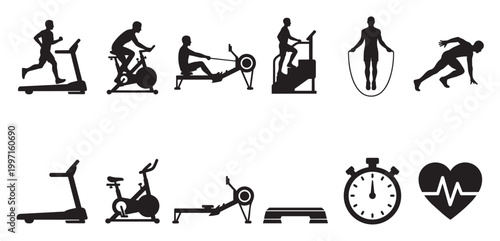 A collection of black silhouettes depict various fitness activities and equipment, including running, cycling, rowing, jump rope, and a heart rate monitor, ideal for health and wellness concepts.