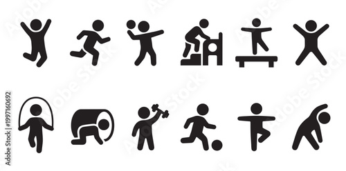 A collection of black silhouette icons depicting various human activities like jumping, running, playing sports, and exercising against a clean white background.
