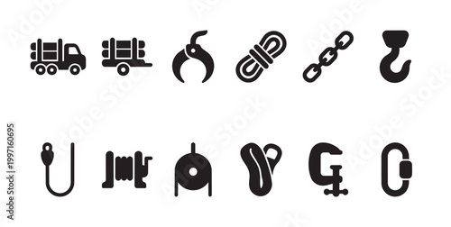 A clean set of black silhouette icons on a white background, representing various industrial tools and equipment for logistics and construction.