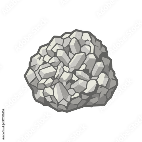 A cluster of sharp, pale gray crystals with darker gray outlines, forming a rough, rounded mass on a white background.
