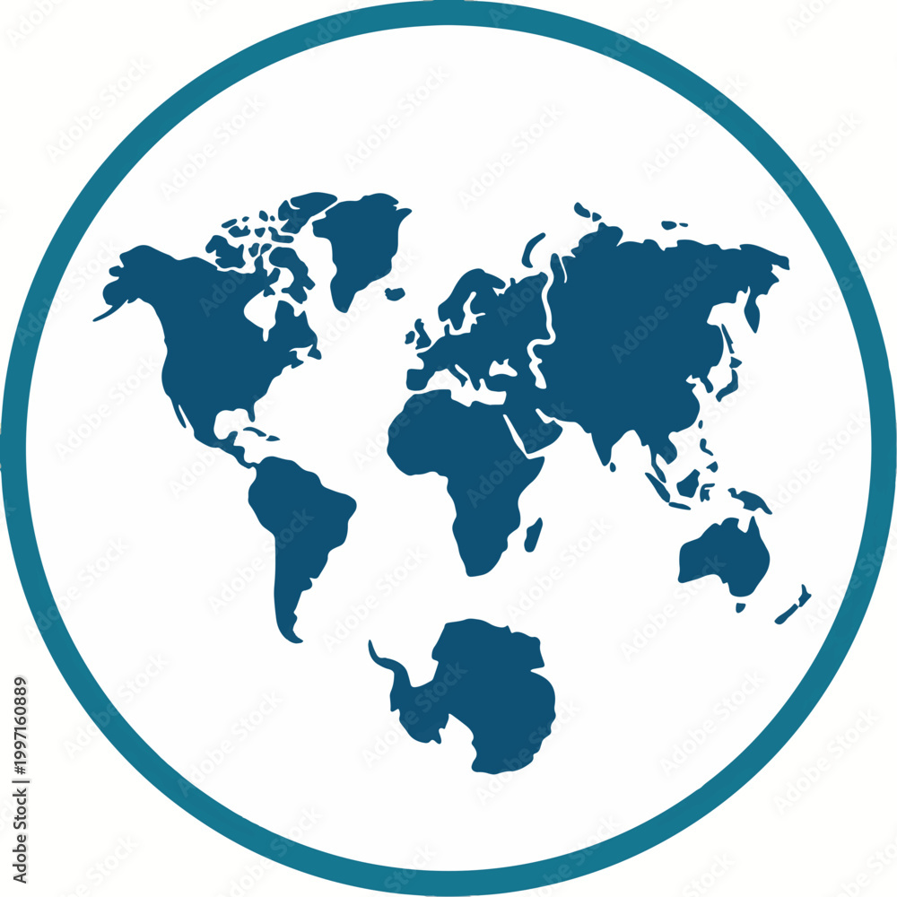 Obraz premium A stylized blue map of the world, including Antarctica, is depicted within a circular border.
