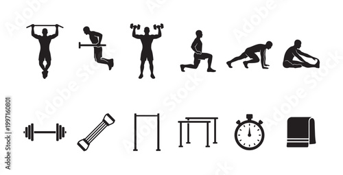 Black silhouette icons depict various fitness exercises and equipment, including weightlifting, calisthenics, stretching, dumbbells, resistance bands, and a stopwatch.