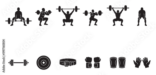 A collection of black silhouette icons depicts weightlifting poses and equipment, representing strength, fitness, and training activities.