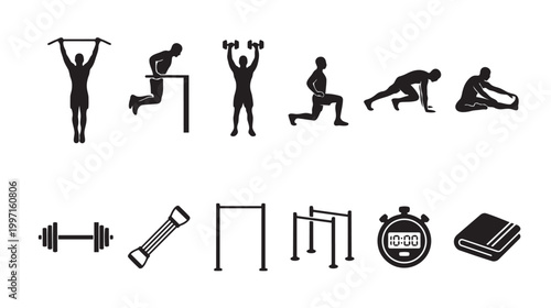 A collection of black silhouette icons depicting various exercises, equipment, and training elements for a comprehensive fitness concept.