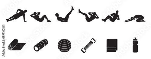Collection of black silhouettes depicting various fitness exercises, workout equipment, and yoga poses on a white background for health and wellness concepts.
