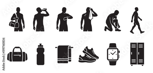 A collection of black silhouette icons representing various fitness and gym activities, equipment, and accessories on a white background.