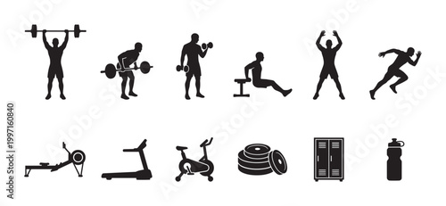 A set of black silhouettes depicting various gym activities and equipment, including weightlifting, running, cycling, and locker room items, perfect for fitness and health concepts.
