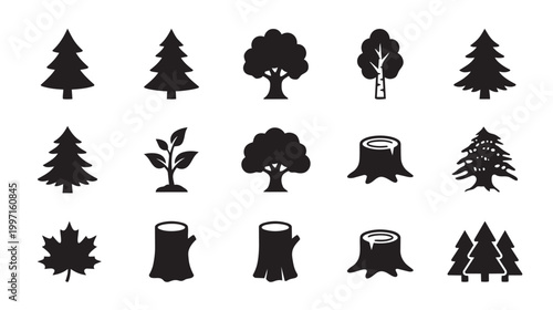 A set of graphic design elements featuring various stylized black tree icons, including coniferous, deciduous, seedlings, and stumps, on a white background.