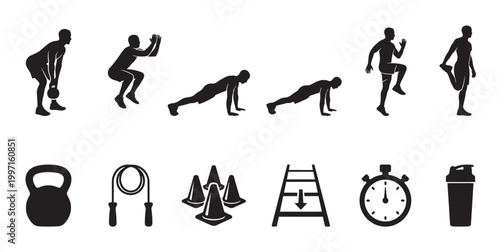 A collection of black silhouette icons depicting various fitness activities and equipment on a white background, perfect for illustrating health and exercise concepts.