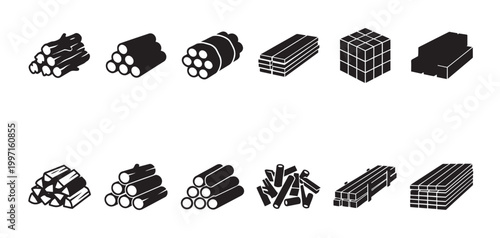 Collection of black and white vector icons depicting various forms and stacks of wood materials, from logs to lumber, perfect for construction and industry themes.